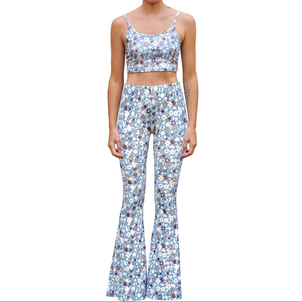 Bell bottom pants and crop cami top in indigo floral